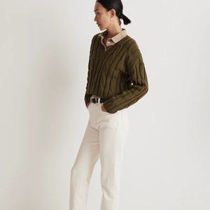 Madewell Cable-Knit V-Neck Crop Sweater in Loden